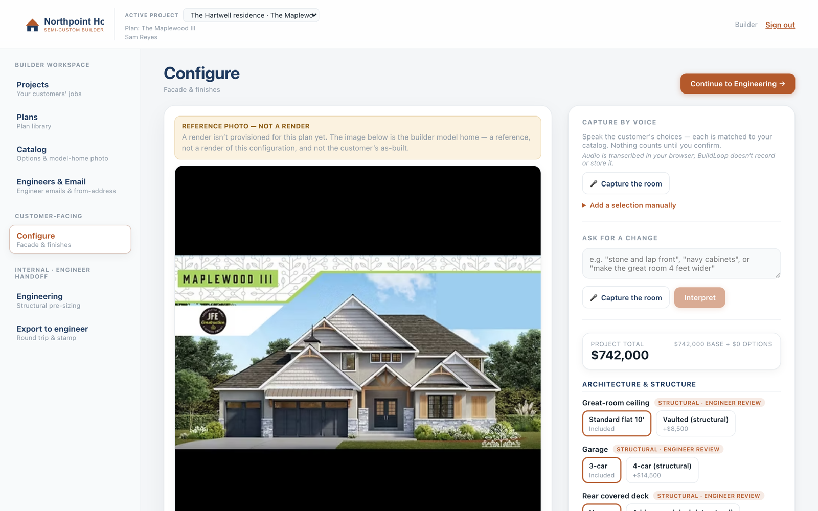 The BuildLoop configurator: facade and finish selection with live pricing and structural-review flags
