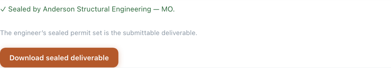 BuildLoop sealed deliverable: sealed by the engineer of record, with a download for the submittable permit set